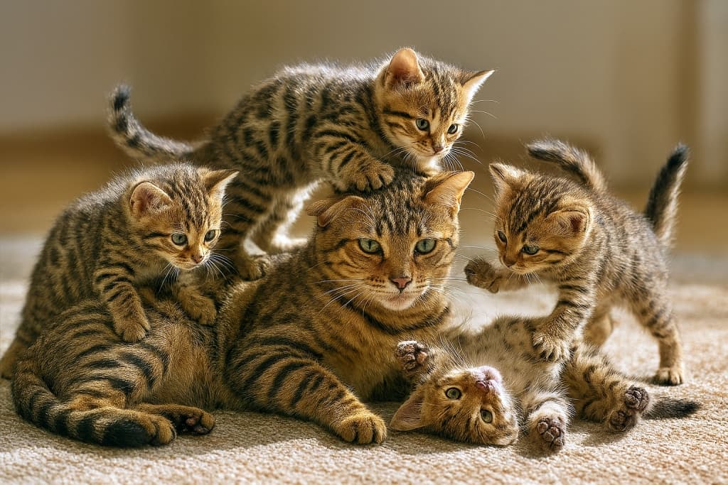 A warm, naturally lit scene of five tabby cats—one adult and four playful kittens—interacting on a carpeted floor. The adult cat lies calmly as kittens climb over its head and back, paw at each other, and snuggle close. On the right side, one kitten’s foot and paw pad appear roughly rendered, resembling soft clay, with less anatomical detail than the rest. カーペットの上でくつろぐ成猫と、遊び回る4匹の子猫たちによる、自然光に包まれた温かなシーン。子猫たちは頭や背中によじ登ったり、じゃれ合ったり、寄り添ったりしている。画面右側では、1匹の子猫の足と肉球の描写が粘土のように粗く、他の部分に比べて解剖学的な精度が劣っている