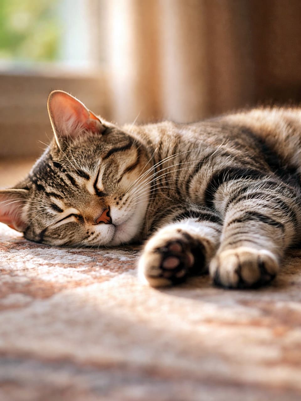 「ぽかぽか陽だまりで熟睡中🐾見ているだけで、時間まで一緒にとろけます」A relaxed tabby cat sleeping peacefully on a rug, bathed in warm natural window light, with its soft paws gently visible. 暖かな窓からの自然光に包まれ、ラグの上で気持ちよさそうに眠るキジトラ猫。リラックスした前足が見えている