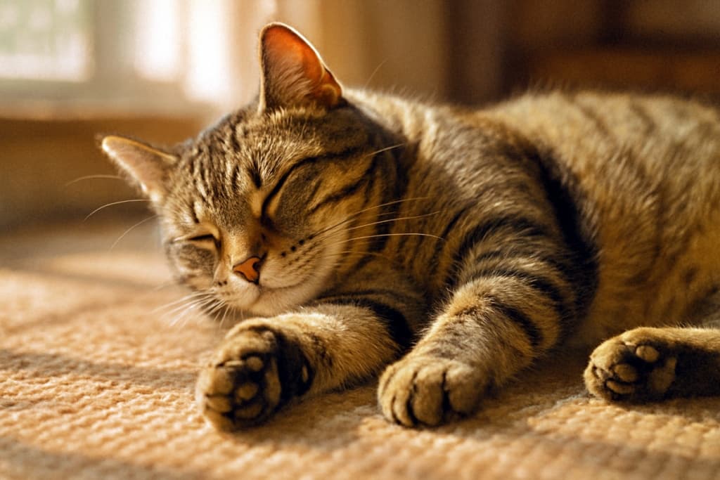 A close-up of a tabby cat peacefully sleeping on a carpet in warm sunlight. Its eyes are closed and front paws are gently stretched forward, creating a serene and cozy atmosphere. カーペットの上で穏やかに眠るタビー猫のクローズアップ。目を閉じ、前足を優しく伸ばしており、暖かな日差しの中で静かで心地よい雰囲気を醸し出している