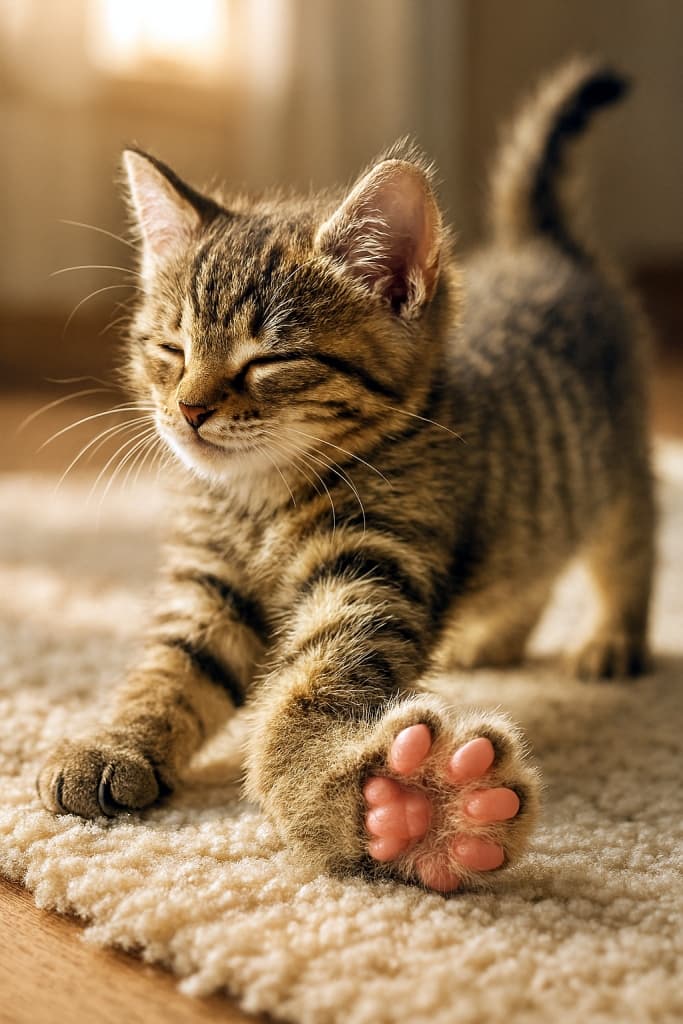 A tabby kitten stretching on a cream carpet. The front leg is unnaturally bent at the wrist and elbow, creating an anatomically implausible posture. This image is a poor example of feline realism. クリーム色のカーペットで伸びをするキジトラ子猫。前足の手首と肘の曲がり方が不自然で、猫の関節構造としてありえない姿勢になっている。猫らしさを損なった悪例