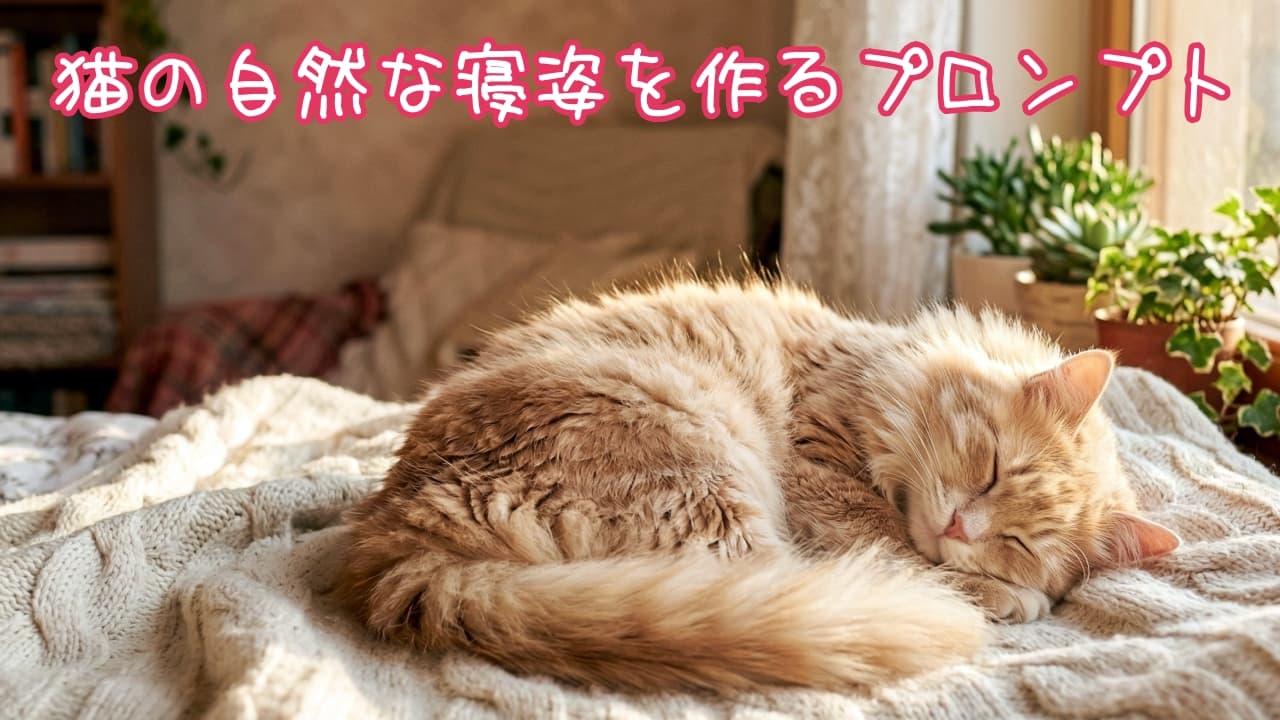 「ぽかぽか陽気の窓辺で、まる〜くなって夢の中💤 ふわふわニットに包まれて幸せそう💕」A photorealistic photograph of a cute, fluffy orange tabby long-haired cat sleeping deeply, curled up in a perfect circle (like a donut) on a soft, white cable-knit blanket. Warm sunlight streams from a window on the right, illuminating the cat's fur. The cozy bedroom background is softly blurred with a bookshelf and plants. 16:9 aspect ratio. 居心地の良い寝室の窓辺で、太いケーブルニットのブランケットの上に丸くなってぐっすり眠っている、ふわふわのオレンジタビーの長毛猫。猫は目を閉じ、ドーナツ状になって暖かい自然光を浴びている。背景にはぼやけた本棚や観葉植物が見える。超リアルな16:9の写真
