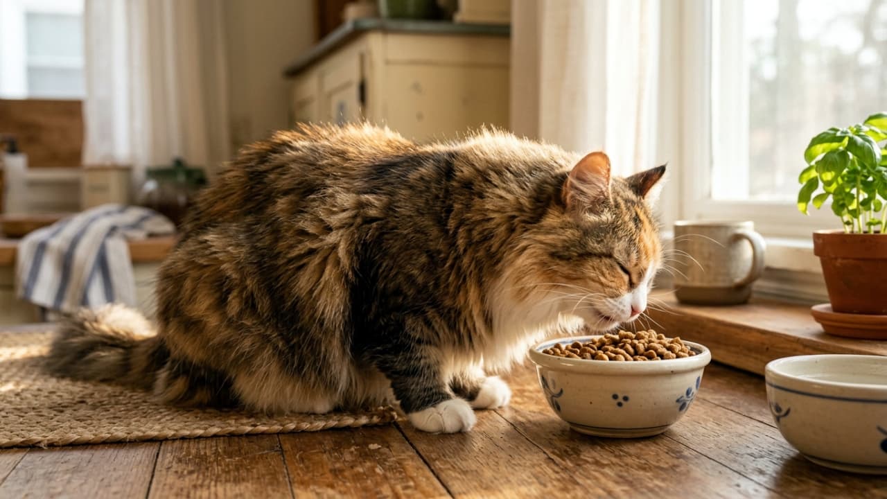「編みマットの上でお行儀よく朝ごはん🐾 窓からのぽかぽか陽気を浴びながらカリカリを食べる姿がたまりません✨」A photorealistic side profile of a fluffy calico-tabby cat facing right, eating dry food from a ceramic bowl. The cat sits on a woven mat on a wooden kitchen counter, illuminated by warm morning sunlight from the window on the right. 暖かい朝の光が差し込むキッチンで、木製テーブルの上の陶器のボウルからドライフードを食べるふわふわな三毛縞猫の写真。猫は右を向いており、編み込みのマットの上に座っている。背景には窓と鉢植えが見える
