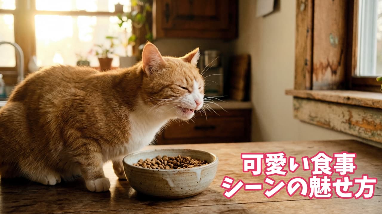 「朝日を浴びてカリカリタイム🐾 至福の表情で噛み噛み中！幸せ全開な茶トラ白猫ちゃんに癒やされます💕☀️」A photorealistic photograph in a 16:9 aspect ratio, showing a side profile view of a cute, fluffy ginger-and-white cat deeply enjoying eating dry cat food from a small ceramic bowl on a wooden table. The cat is mid-chew with its eyes closed in pure bliss, bathed in bright, warm morning sunlight streaming through a window in a cozy, rustic kitchen. 居心地の良い古民家風のキッチンで、木製テーブルの上に置かれたセラミック製のボウルからドライキャットフードを至福そうに食べている茶トラ白の長毛猫の横顔写真。猫は目を細めて噛んでいる最中（噛み噛み中）で、幸せそうな表情をしている。窓から明るく暖かい朝の自然光が差し込み、猫のふわふわな毛並みを照らしている。