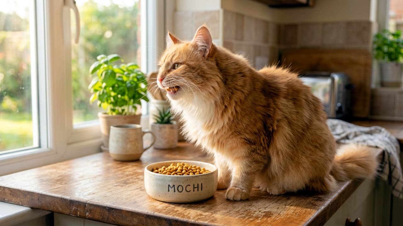 「「MOCHI」専用ボウルで朝ごはん☀️ 窓辺のキッチンで上を向きながらカリカリを頬張る茶トラ白猫ちゃんが可愛すぎる✨」A photorealistic side profile of a fluffy orange and white cat sitting on a wooden kitchen counter by a window. The cat is looking up slightly, mid-chew with dry food in its mouth. It is eating from a ceramic bowl with "MOCHI" written on it, illuminated by bright morning sunlight. 朝の光が差し込むキッチンの木製カウンターで、「MOCHI」と書かれた陶器のボウルからドライフードを食べるふわふわな茶トラ白猫の横顔写真。顔を少し上に向け、口を開けてフードを噛んでいる最中の表情が捉えられている。背景には窓や観葉植物が見える