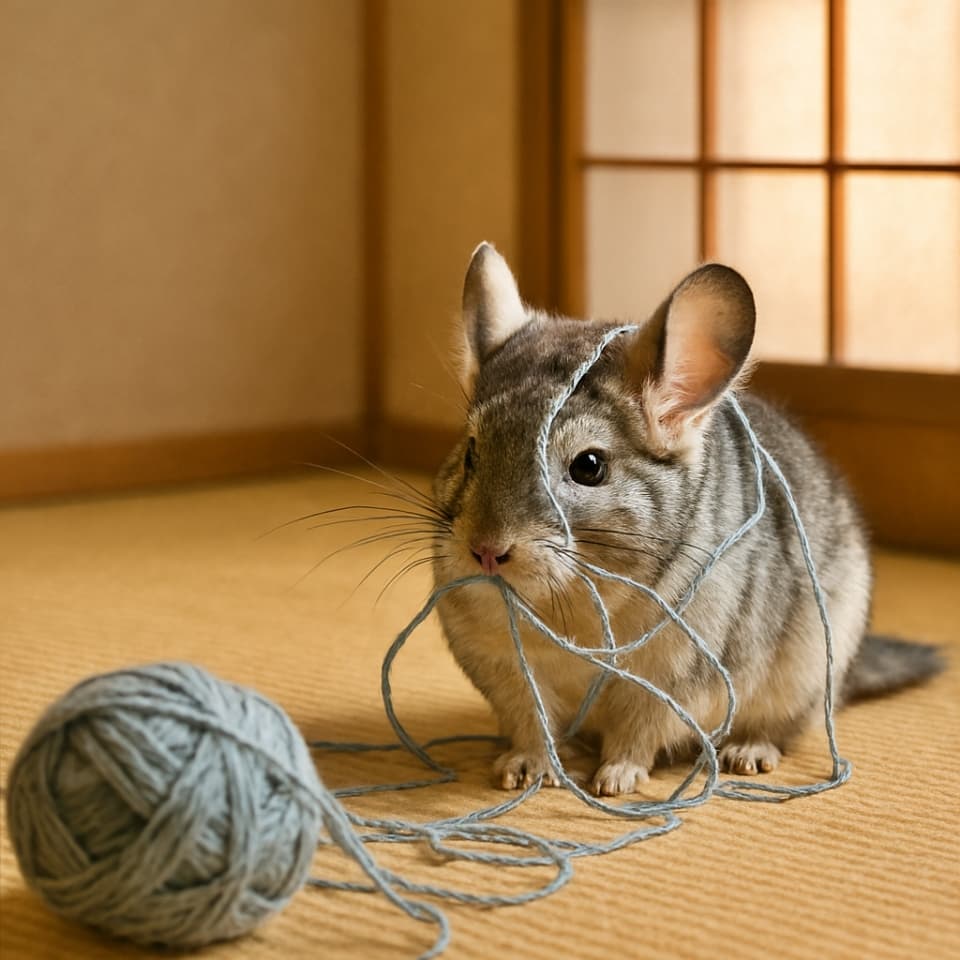 A playful chinchilla tangled in light blue yarn sits on a tatami mat floor, with traditional shoji doors in the background. The cozy Japanese setting enhances its curious charm. 水色の毛糸に絡まりながら遊ぶチンチラが畳の上に座っている。背景には障子があり、和室の温もりと好奇心あふれる姿が印象的