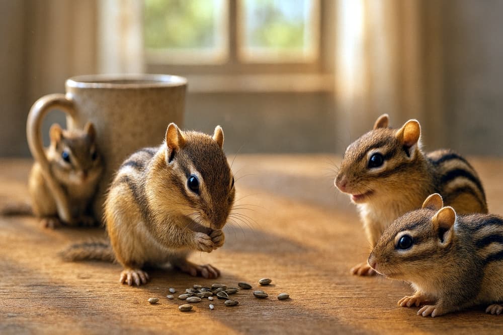 Four chipmunks gather on a wooden indoor table. One in the center is eating seeds while the others watch quietly. Natural light from the window and a ceramic mug create a cozy, peaceful atmosphere. 室内の木のテーブルに集まる4匹のシマリス。中央の1匹が種を食べており、他のリスたちは見守るように周囲に配置されている。窓から差し込む自然光と陶器のマグカップが、穏やかで家庭的な雰囲気を演出