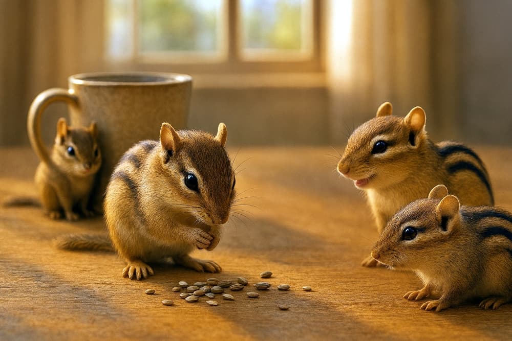 Four chipmunks gathered around seeds on a wooden indoor table. The central chipmunk is eating, while the others observe calmly. Compared to the previous version, their poses are more refined and fur details are sharper. A ceramic mug and window add a cozy touch. 室内の木のテーブルに集まる4匹のシマリス。中央の1匹が種を食べており、他のリスたちは静かに見守っている。前回の画像よりもポーズが整っており、毛並みや表情のディテールが強調されている。背景のマグカップと窓が、家庭的で落ち着いた雰囲気を演出