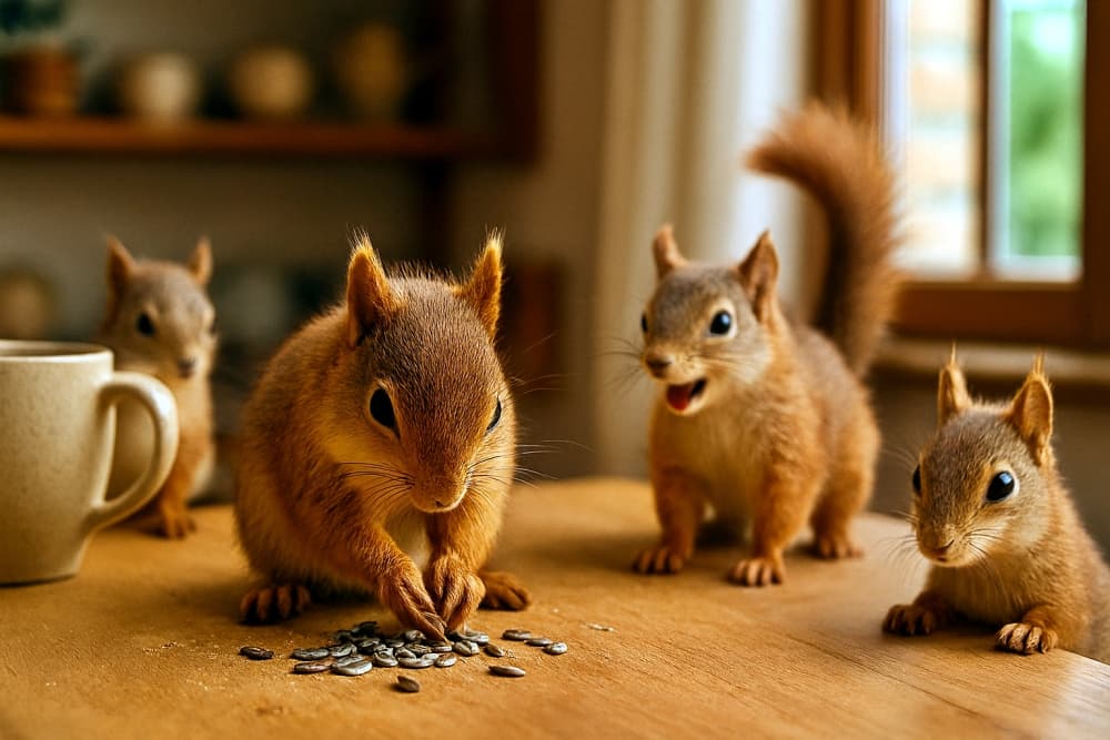 Four squirrels on a wooden table indoors. One in the foreground gathers sunflower seeds, while others show more expressive gestures—one appears mid-chirp, another looks at the camera. Compared to the previous image, the background and poses add a stronger sense of domestic realism. 室内の木製テーブルに立つ4匹のリス。中央のリスがヒマワリの種を集めて食べており、周囲のリスはより表情豊かに動いている。1匹は鳴いているような口元、もう1匹はカメラ目線。背景の棚とマグカップが、前回よりも生活感を強調している