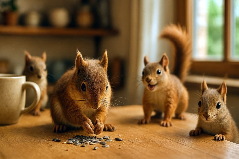 Four squirrels on a wooden table indoors. One is eating sunflower seeds, while others show varied expressions—one looks at the camera, another appears in motion. Warm lighting and a ceramic mug add to the lively, homely vibe. 室内の木製テーブルでヒマワリの種を食べる1匹のリスを中心に、3匹のリスが周囲に配置されている。1匹はカメラ目線、もう1匹は動きのあるポーズで、背景にはマグカップと窓。温かみのある光が、にぎやかで親しみやすい空気を醸し出している