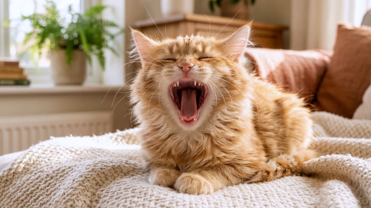 「お口パカーン！ふわふわブランケットであくび中。朝の光が気持ちいいニャ🐾💤」A photorealistic close-up photograph of a cute, fluffy ginger tabby cat yawning widely while sitting on a chunky knitted beige blanket in a living room. Its eyes are tightly closed in a relaxed expression, and its mouth is open, showing tiny fangs and tongue in soft morning light. リビングルームで、編み目の粗いベージュのブランケットの上に座るフワフワしたオレンジトラの猫のあくびの写実的なクローズアップ写真。暖かな朝の光の中で、口を大きく開け、小さな牙と舌を見せている。目はリラックスしてしっかりと閉じている。背景には植物や棚が見える