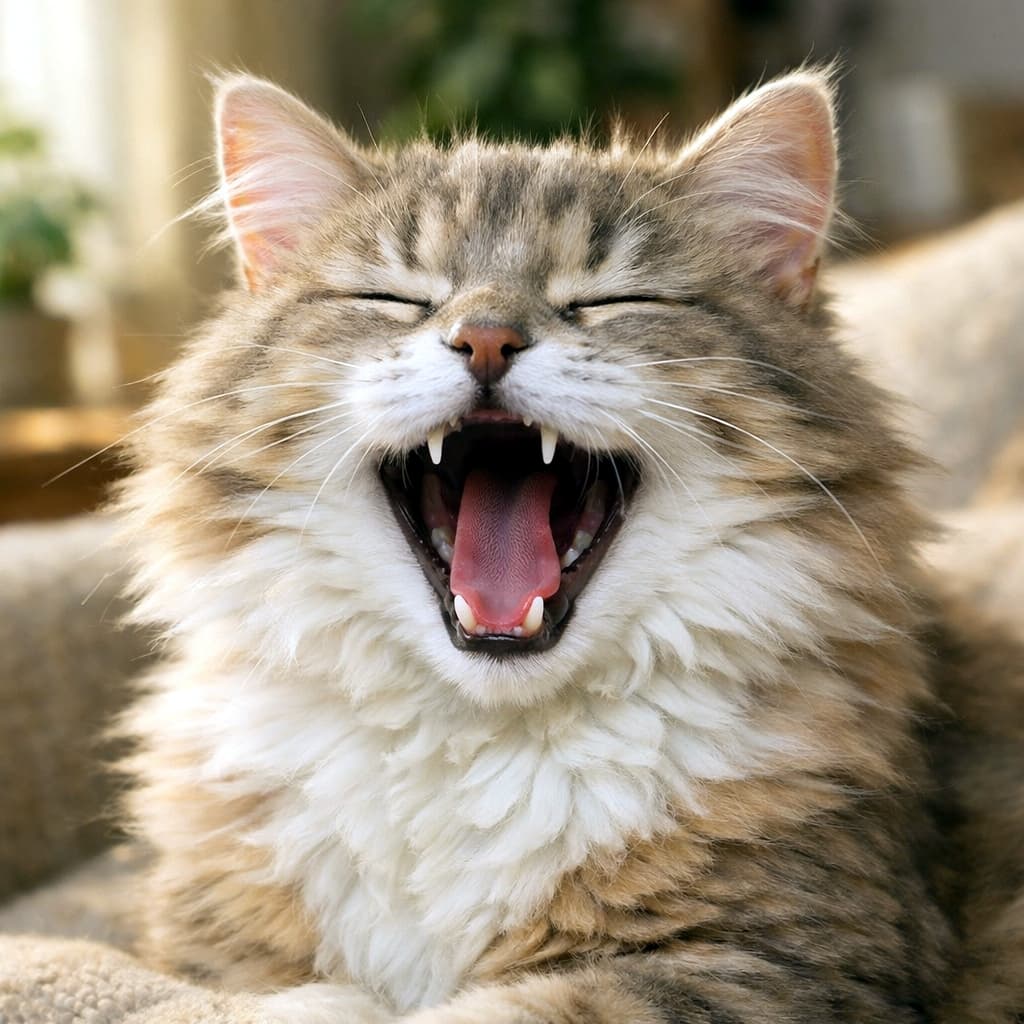 「あわわわ〜！日向ぼっこしてたら大あくび。お口全開で眠いニャ🐾☀️」A photorealistic close-up portrait of a cute, fluffy brown tabby and white cat yawning widely in a warm, sunny living room. Its eyes are tightly closed in a sleepy expression, and its mouth is wide open, showing tiny fangs and tongue in soft morning light. 暖かく日当たりの良いリビングルームで、フワフワしたキジトラ白（ブラウンタビーとホワイト）の猫が口を大きく開けてあくびをしているクローズアップ写真。目は眠そうにしっかりと閉じられ、口の中の小さな牙と舌が鮮明に見える。柔らかな朝の光が当たっている