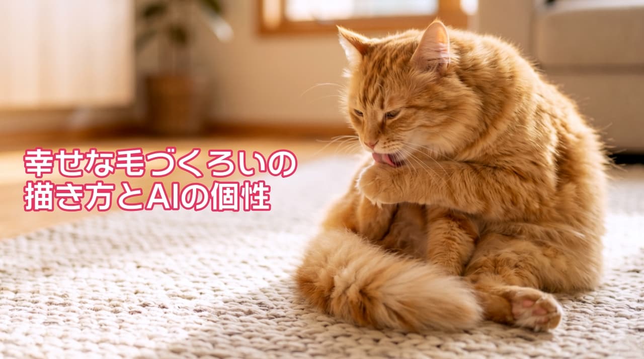 「ぽかぽかのお日様を浴びながら、念入りに毛繕いタイム…☀️🐈✨ 足をペロペロする仕草って、ずっと見ていられるくらい可愛いですよね🥺💕 左側のスペースに文字を入れれば、あっという間に素敵なバナーやアイキャッチ画像の完成です！ #茶トラ #毛繕い #猫のいる暮らし #日向ぼっこ #デザイン素材」High-quality landscape-oriented photograph of a fluffy ginger cat peacefully grooming its front paw on a cozy white rug bathed in warm sunlight. The background, including a sofa and a potted plant, is in soft focus, creating a bright and inviting atmosphere. 柔らかな日差しが差し込むリビングルームで、白いラグの上に座り、前足を舐めて毛繕い（グルーミング）をしているフワフワな茶トラ猫の横長写真。背景のソファや観葉植物は浅い被写界深度で美しくボケている