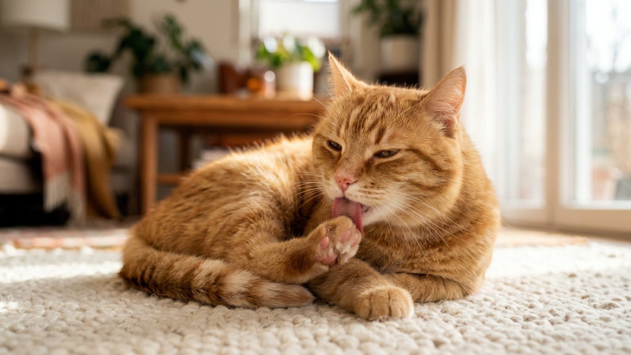 「肉球のお手入れ中を激写！📸ピンクのベロが可愛すぎて悶絶…！猫さんのこの真剣な表情、たまんないですよね🐈💖」Ultra-realistic high-quality photograph with a shallow depth of field, focusing on a ginger cat licking its pink paw. High detail on the fur and tongue texture. 毛繕いをする茶トラ猫のアップ。ピンクの肉球と舌が鮮明に写っており、背景は美しくボケている。清潔感のある室内