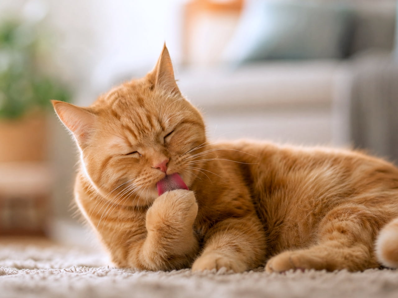 「身だしなみチェックは欠かせないニャ！🐾ペロペロ一生懸命な姿が愛おしすぎる。今日もピカピカだね！✨🐈」Ultra-realistic high-quality photograph of a ginger tabby cat sitting on a white carpet, diligently grooming its paw. Soft natural light and plants in the background. 明るいリビングの白いラグの上で、茶トラ猫が座りながら前足をペロペロと毛繕いしている様子。背景には観葉植物と柔らかな光
