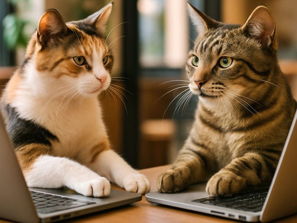 Two focused cats sit at laptops, paws on keyboards, in a warmly lit room with wooden decor. 木の温もりある部屋で、2匹の猫がノートPCに向かい、前足をキーボードに置いている（ただし、視線が微妙にズレてる）