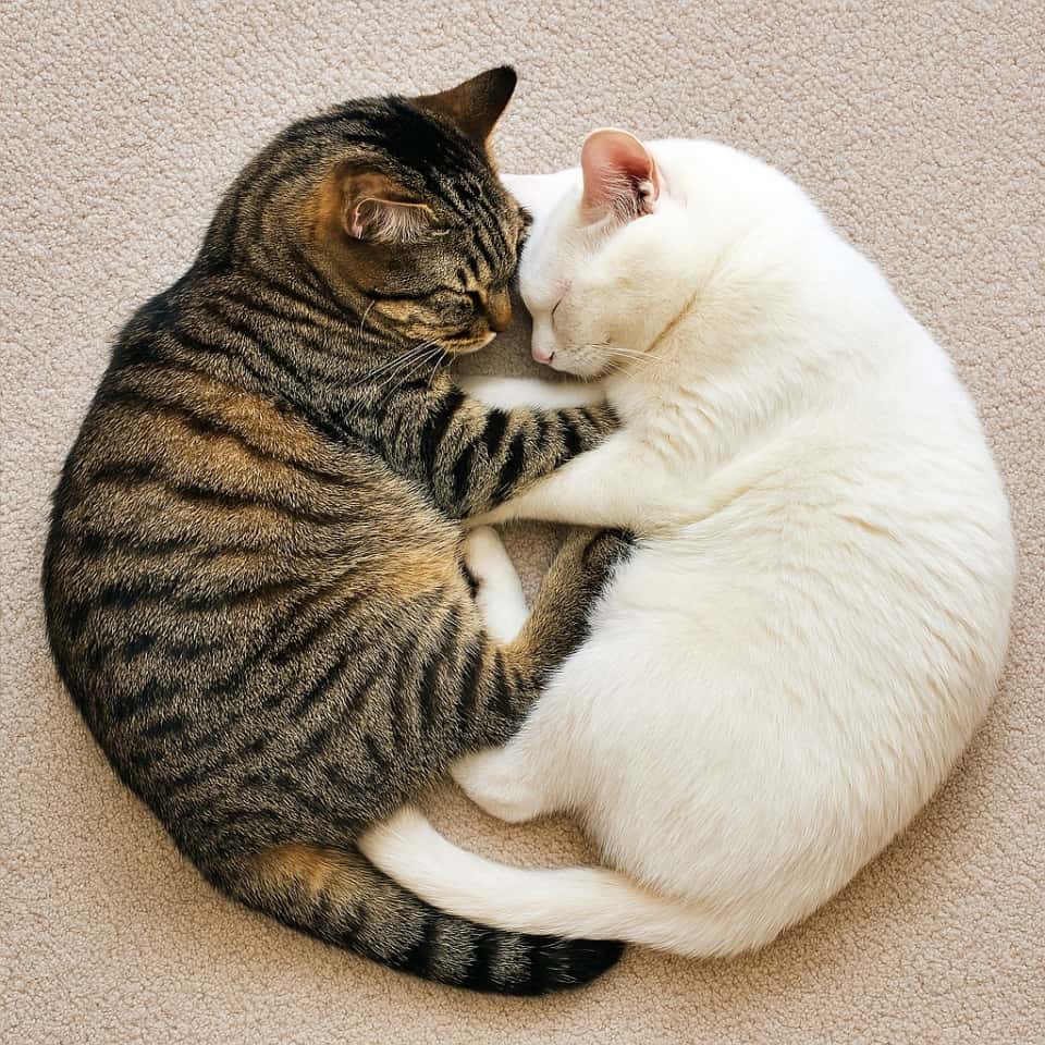 Viewed from above, a tabby cat and a white cat are curled up together on a beige carpet, forming a gentle circle. Their contrasting fur and peaceful posture evoke a sense of quiet harmony and warmth. 上から見下ろした視点で、キジトラ猫と白猫がカーペットの上に輪を描くように寄り添って眠っている。毛並みの対比と穏やかな表情が、静かな調和とぬくもりを伝える