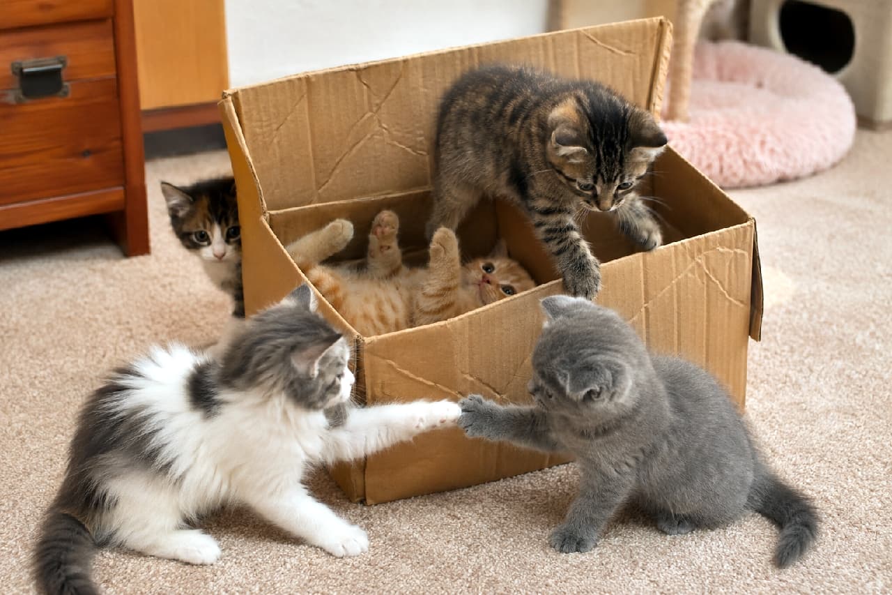 「おててを合わせてハイタッチ！🐾💖 段ボールのお城で繰り広げられる、子猫たちの可愛すぎる大冒険にキュンキュンしちゃう🏰✨ #子猫のいる生活 #ねこ部 #にゃんこ」UUltra-realistic high-quality photograph of five playful kittens interacting around a cardboard box on a beige carpet. In the foreground, a fluffy grey-and-white kitten and a solid grey kitten touch paws like a high-five. Inside the box, a brown tabby stands while an orange tabby rolls on its back. A calico kitten peeks from the left background, with warm wooden furniture and a pink cat bed completing the cozy scene. ベージュのカーペットに置かれた段ボール箱の周りで遊ぶ5匹の子猫たち。手前では長毛の白グレーと短毛のグレーの子猫が前足を合わせてハイタッチをしており、箱の中ではキジトラが立ち上がり、茶トラが仰向けに転がっています。奥からは三毛猫（キャリコ）がひょっこり顔を出し、背景の温かみのある木製家具やピンクのふかふかした猫用ベッドが、穏やかな日常空間を演出
