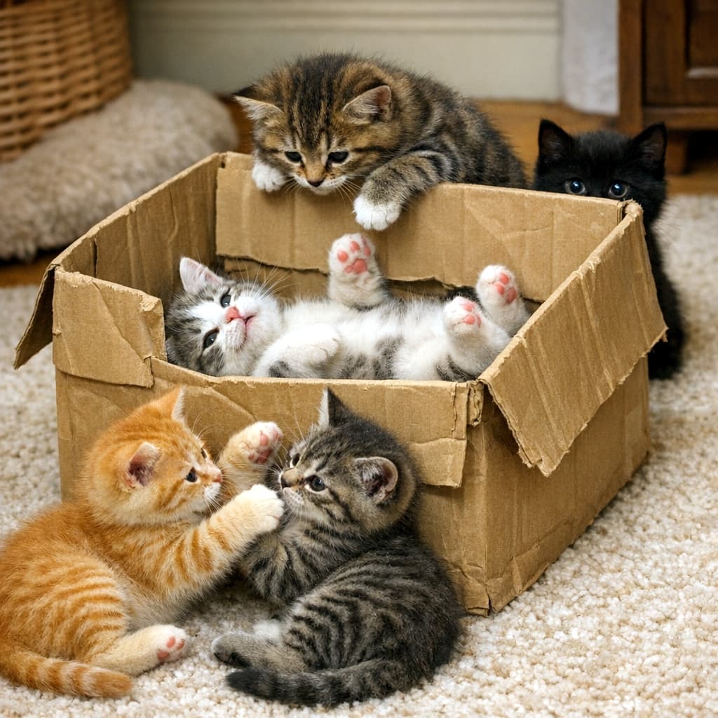 「「ここはボクの場所ニャ！」「いやアタシのニャ！」😼 箱をめぐる子猫たちのわちゃわちゃ劇が可愛すぎる🎬💖」Ultra-realistic high-quality photograph of five playful kittens interacting with and playing around a cardboard box on a carpet. カーペットの上に置かれた段ボール箱の周りで遊ぶ5匹の子猫。箱の中で仰向けになるサバ白、縁から身を乗り出すキジトラ、手前でじゃれ合う茶トラとキジトラ、奥から見つめる黒猫の愛らしい構図