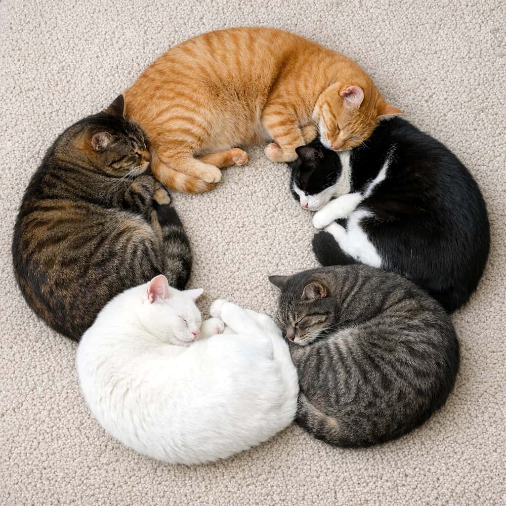 「見事な猫サークル完成！🐈✨ 5匹でぐるっと円になって眠る姿は、ずっと眺めていたくなる芸術的な可愛さ🎨💕」Ultra-realistic high-quality photograph, top-down view of five cats in various colors sleeping beautifully curled up in a perfect circle on a light beige carpet. 明るいベージュのカーペットの上で、キジトラ、茶トラ、ハチワレ、サバトラ、白猫の5匹が綺麗に丸まり、円を描くように繋がって眠っている俯瞰写真