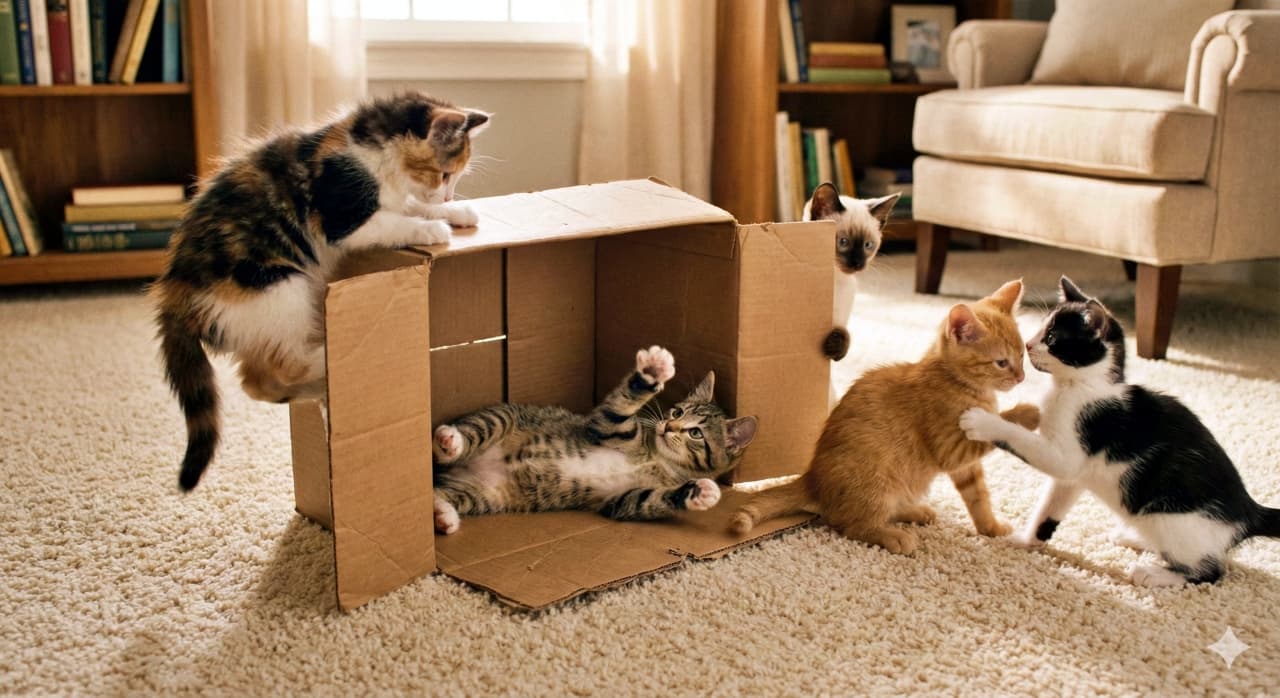 Five kittens of different breeds playing around a cardboard box in a cozy carpeted room; one climbs the edge, one rolls inside, two play tag outside, and a Siamese kitten peeks from behind. カーペットが敷かれた暖かい部屋で、5匹の子猫が段ボール箱に群がって遊んでいる。箱をよじ登る三毛猫、中で寝転ぶキジトラ、外でじゃれ合う2匹、そして後ろから顔を出すシャム猫