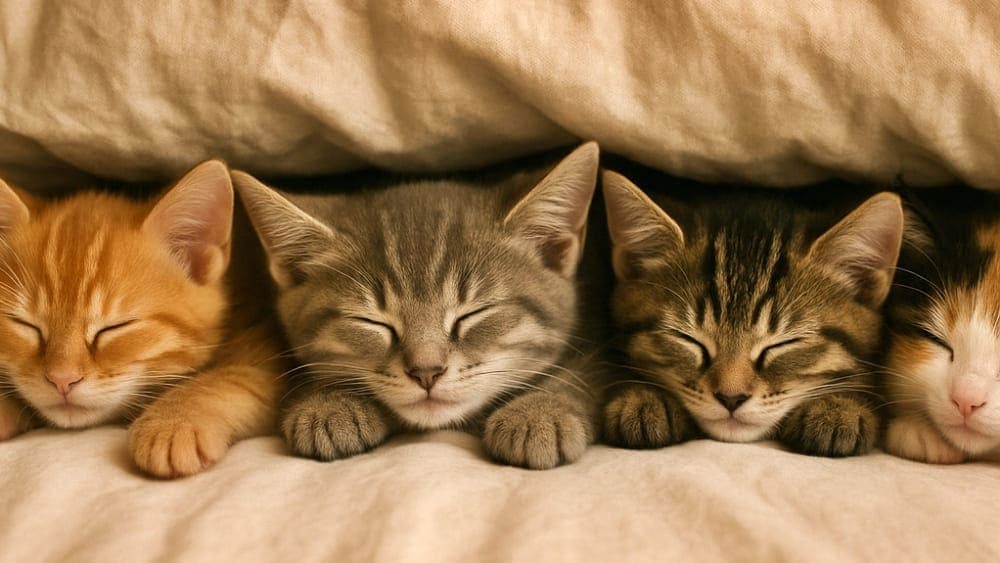 Four sleeping kittens snuggle under a beige blanket, their closed eyes and varied fur creating a peaceful scene. ベージュの毛布の下で寄り添い眠る5匹の子猫が、穏やかな雰囲気を醸し出している