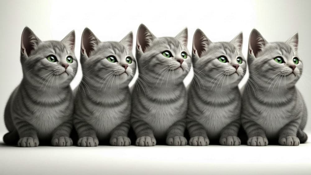 Five identical gray tabby kittens sit in perfect symmetry against a white background, facing left. AIっぽくなっちゃった不自然な5匹の子猫（白背景で左向きに座る灰色のタビー子猫5匹が完全な対称で並ぶ）