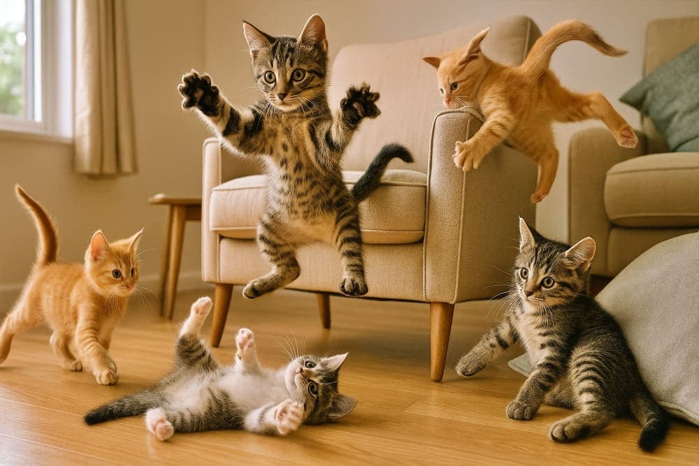 Five energetic kittens leap and tumble in a cozy living room, mid-air and mid-play in joyful motion. 暖かいリビングで、5匹の子猫が跳ねたり転がったりしながら元気に遊んでいる