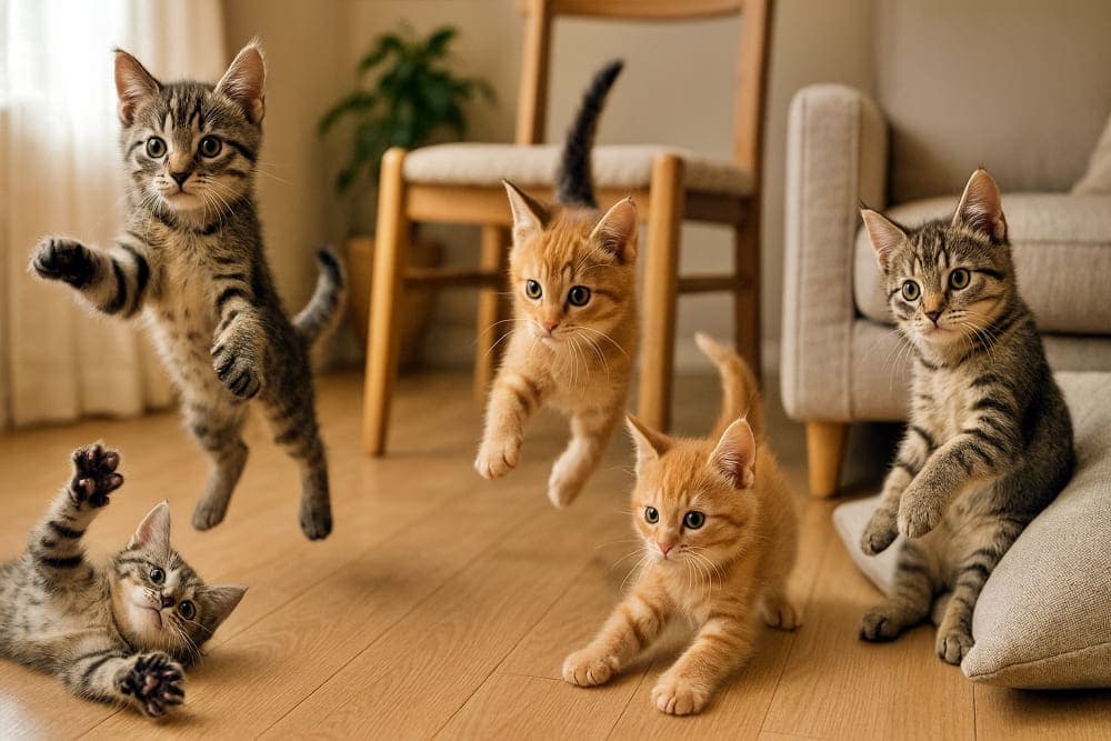 Five kittens leap and tumble in a cozy room with a chair, couch, plant, and curtain in the background. 椅子やソファ、植物、カーテンがある室内で5匹の子猫が跳ねたり転がったりして遊ぶ
