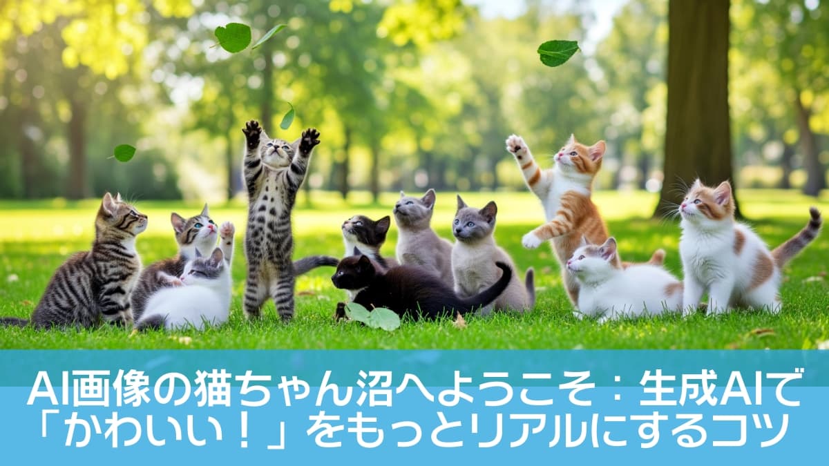Twelve kittens of various colors—black, white, gray, tabby, and orange—play together on a grassy field in a sunlit park. Some leap toward falling green leaves, while others sit or lie peacefully. The lush trees and dappled sunlight create a joyful, innocent atmosphere. 芝生の公園で遊ぶ12匹の子猫たち。黒、白、灰色、茶トラ、キジトラなど多彩な毛色の子猫が、落ち葉にじゃれたり、跳ねたり、座って眺めたりしている。背景には緑の木々と差し込む陽光が広がり、無垢でにぎやかな雰囲気を醸し出している