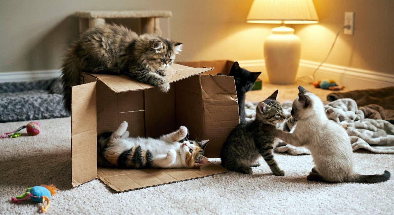 「段ボール箱は最高の遊び場ニャ！📦✨ わちゃわちゃ大はしゃぎの子猫たちから目が離せない〜👀💕」Ultra-realistic high-quality photograph of five adorable kittens playing around a cardboard box in a cozy, warm-lit room. 暖かなランプの光が照らす部屋で、段ボール箱を遊び場にする5匹の子猫たち。箱の上に乗る長毛のキジトラ、箱の中で仰向けに転がる三毛猫、外でじゃれ合うキジトラとシャム猫風の子猫、後ろからひょっこり覗く黒猫の様子