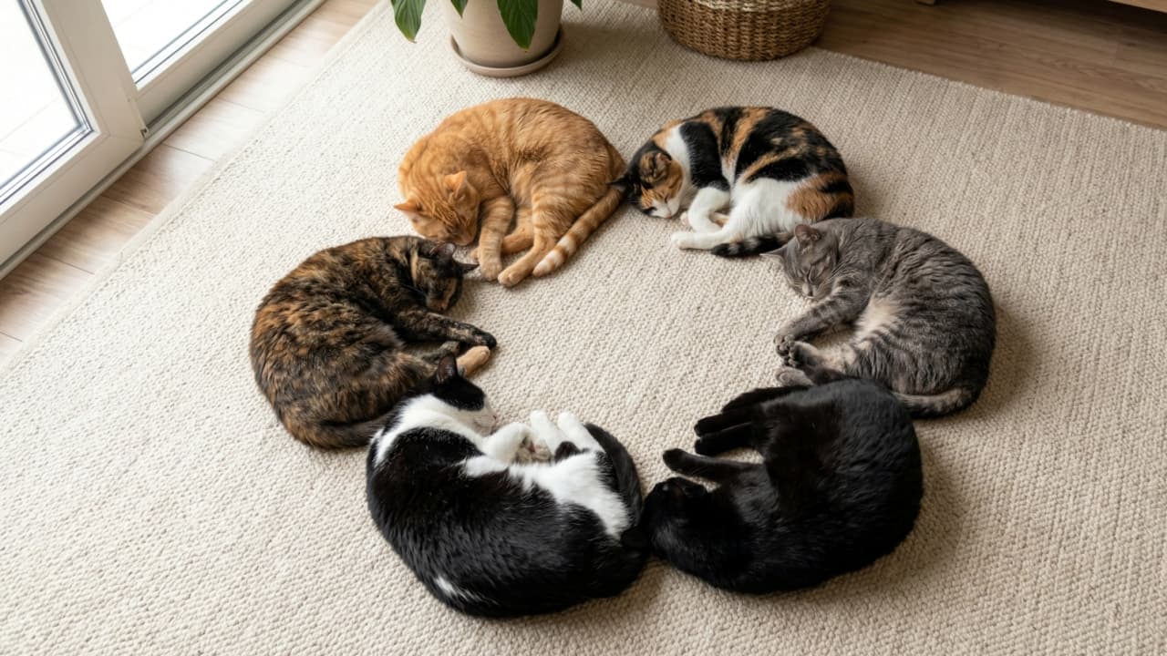 「猫界の奇跡！6匹で創る完璧な睡眠サークル🐈🧡 見ているだけで心が穏やかになる、癒やしの芸術品です✨」An ultra-realistic, high-quality photograph taken directly from above (top-down view) of six different domestic cats curled up and sleeping peacefully in a perfect circle formation on a beige woven rug. The cats include an orange tabby, calico, gray tabby, black cat, tuxedo cat, and tortoiseshell cat. Soft natural daylight filters in from the left, highlighting the texture of their fur and the rug. Potted indoor plants and a basket are visible in the background against a wooden floor, capturing a rare and serene moment of unity. 木製フローリングの上に敷かれたベージュの織物ラグの上で、6匹の異なる種類の猫（茶トラ、三毛、グレータビー、黒猫、白黒、サビ猫）が完璧な円形（サークル）を描くように体を丸めて眠っている。左側からは柔らかい自然光が差し込み、上部には観葉植物の鉢植えやバスケットが見える。真上（俯瞰）から撮影された、静寂と平和、奇跡的な瞬間を捉えた超高画質な写真