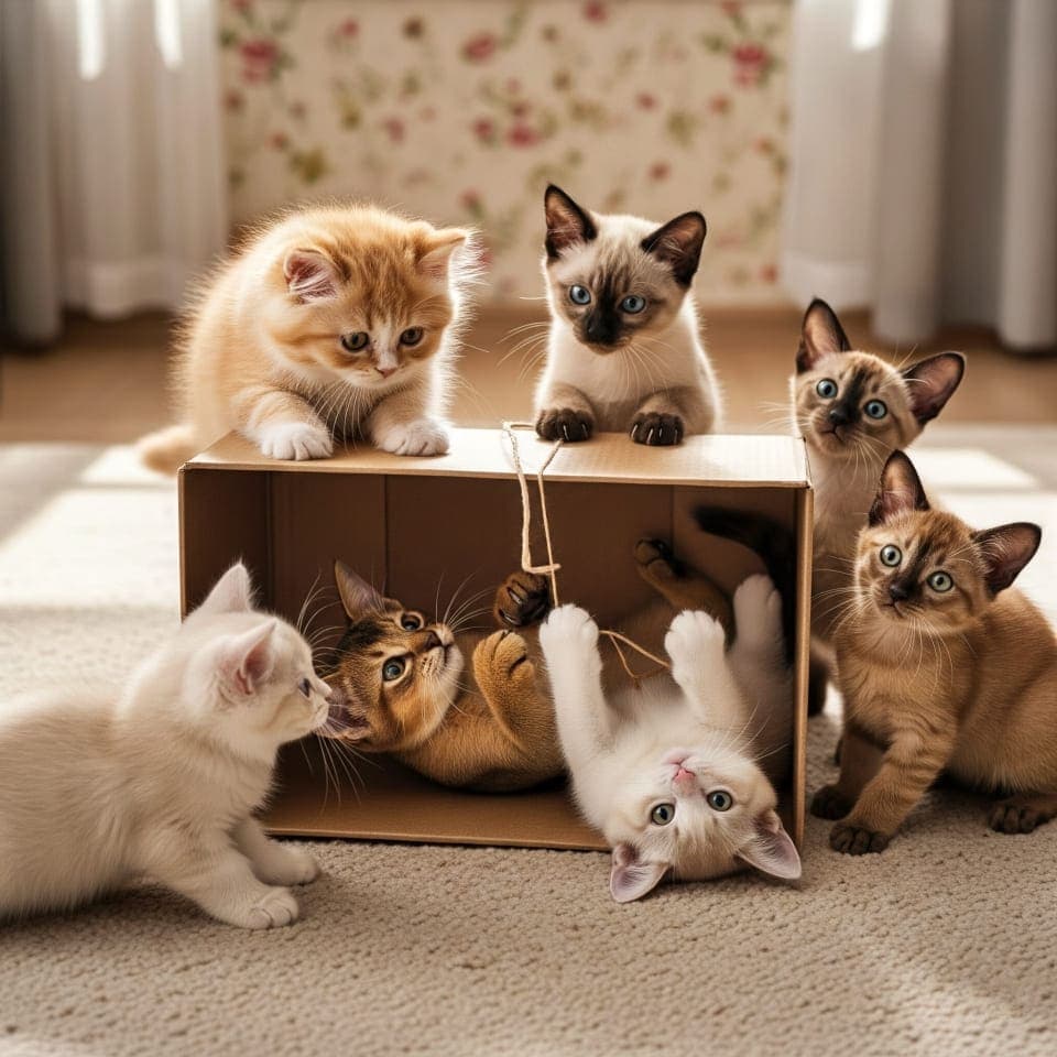 Six kittens play around a cardboard box, some inside tugging a string, others watching on a carpeted floor. カーペットの上で、段ボール箱の中と周囲で紐を使って遊ぶ6匹の子猫たち