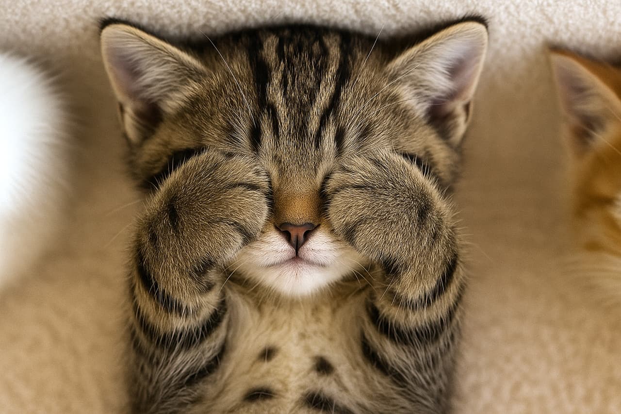 「見ちゃダメ🙈！？ 両手でお目々を隠してスヤスヤ夢の中💤 眩しいのかな？それともかくれんぼ？✨」A close-up, top-down view of a sleeping tabby kitten lying on its back on a soft beige surface. The kitten is covering both of its eyes tightly with its front paws, looking like it's playing peek-a-boo or shielding its eyes from the light.　柔らかいベージュの毛布の上で仰向けに寝ているキジトラ子猫のクローズアップ。両前足で目をきゅっと隠しており、まるで「いないいないばあ」をしているか、眩しさを避けているような愛らしいポーズ