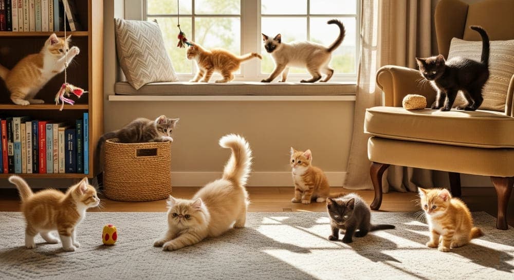 Ten playful kittens lounge and frolic in a sunlit living room with books, toys, and cozy furniture. 日差しの差し込むリビングで、10匹の子猫が本棚やおもちゃの周りで遊びくつろいでいる