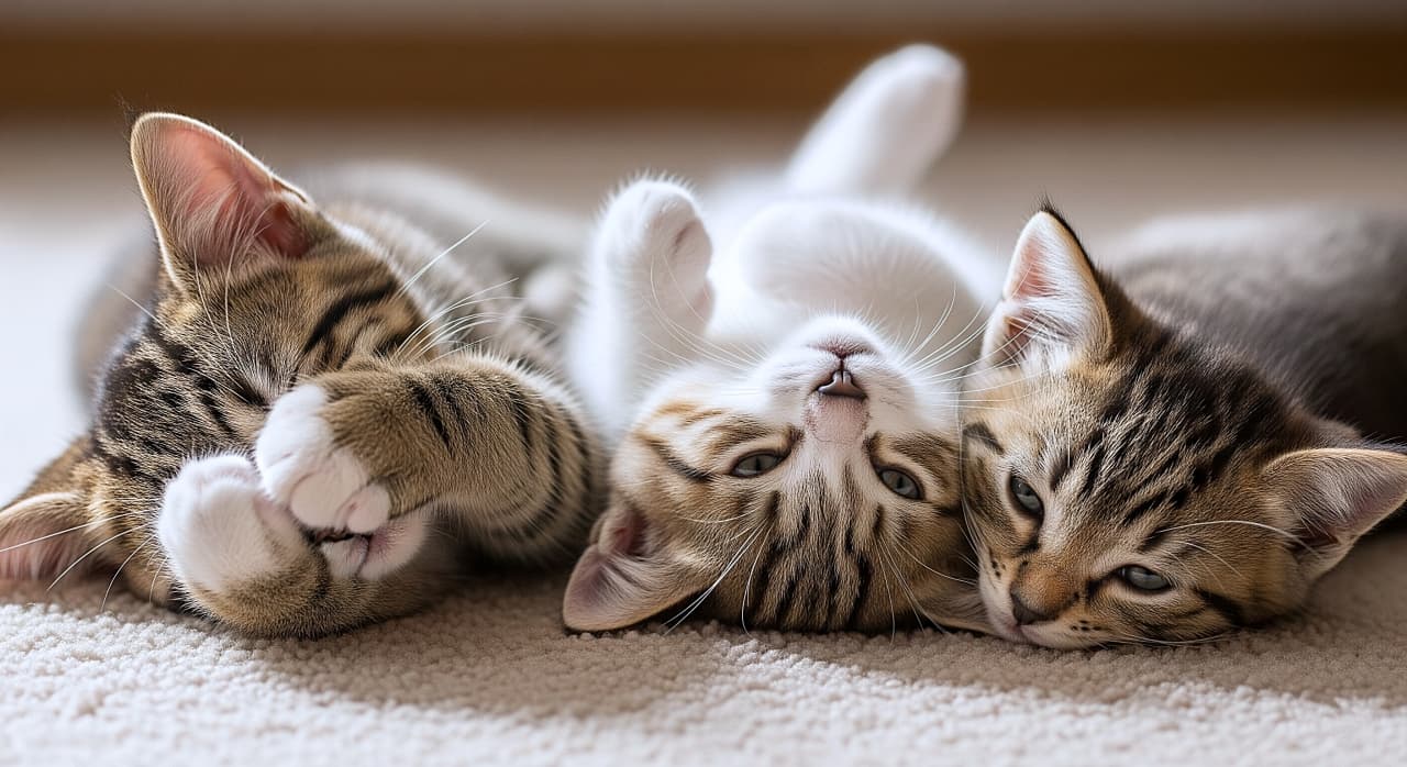 「寝たふり？薄目でチラリとこちらの様子見」A close-up shot of three kittens lying together on a beige carpet. The tabby on the left covers its face with its paws showing pink pads. The white and tabby in the center lies on its back with eyes half-open, while the tabby on the right rests its head sideways, looking sleepily but directly at the camera. ベージュのカーペットの上で身を寄せ合う3匹の子猫のクローズアップ。左のキジトラは肉球を見せて顔を隠し、中央の白キジは仰向けで薄目を開けている。右のキジトラはカーペットに顔をつけながら、眠そうな目でこちらをじっと見ている
