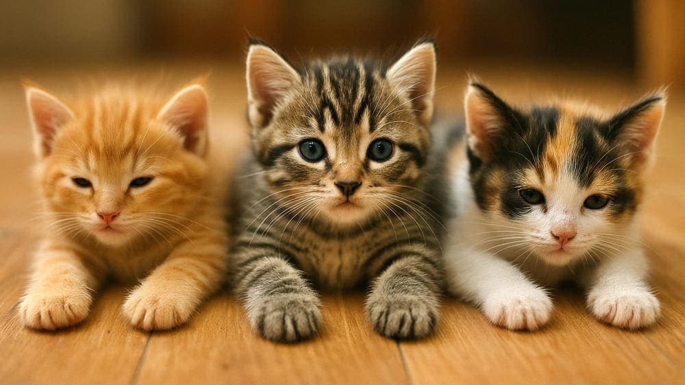 Three kittens rest side by side on a wooden floor, gazing forward with distinct fur patterns and expressions. 木の床に並んで寝そべる3匹の子猫が、それぞれ異なる毛色で前を見つめている（ただし無表情で同じ体勢）