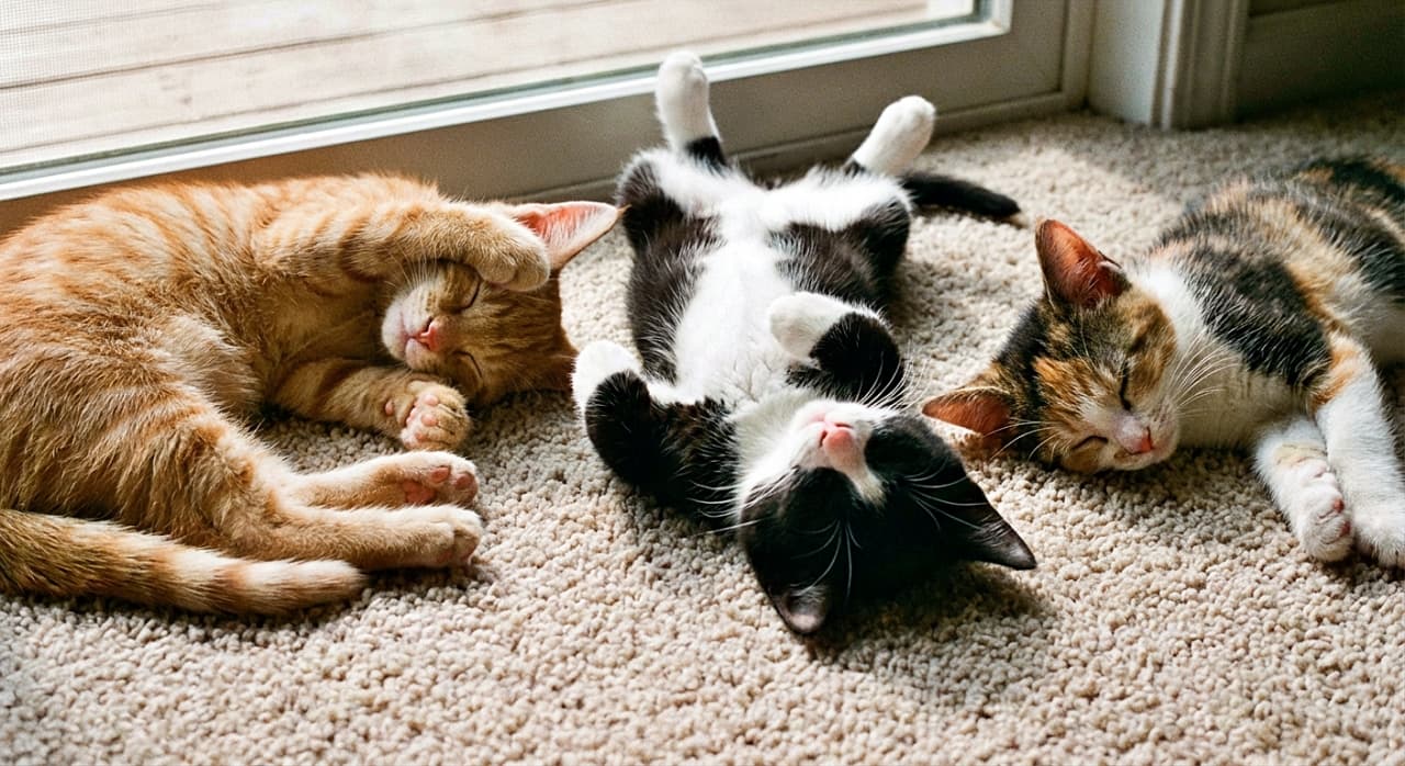 「窓際の木漏れ日で…「まぶしいよ〜」」Three kittens sleeping deeply on a carpet near a bright window door. A ginger kitten on the left covers its eyes with a paw as if shielding from the sun, a black and white kitten sleeps on its back in the center, and a calico kitten sleeps on its side on the right. 日差しの入る窓際で熟睡する3匹の子猫。左の茶トラは眩しそうに前足で目を覆い、中央の白黒猫は仰向けで伸びをし、右の三毛猫はカーペットに顔をつけて横向きに眠っている