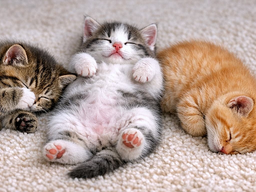 「ふわふわ絨毯で個性爆発！3匹の寝相図鑑」Three fluffy kittens sleeping on a soft white carpet. On the left, a tabby kitten covers its face with a paw. In the center, a grey and white kitten sleeps on its back showing pink paw pads. On the right, an orange tabby curls up with its face pressed into the rug. ふわふわの白いカーペットの上で眠る3匹の子猫。左のキジトラは前足で顔を隠し、中央の白グレーの子は仰向けでピンクの肉球とお腹を見せ、右の茶トラは顔をカーペットにうずめて丸まっている