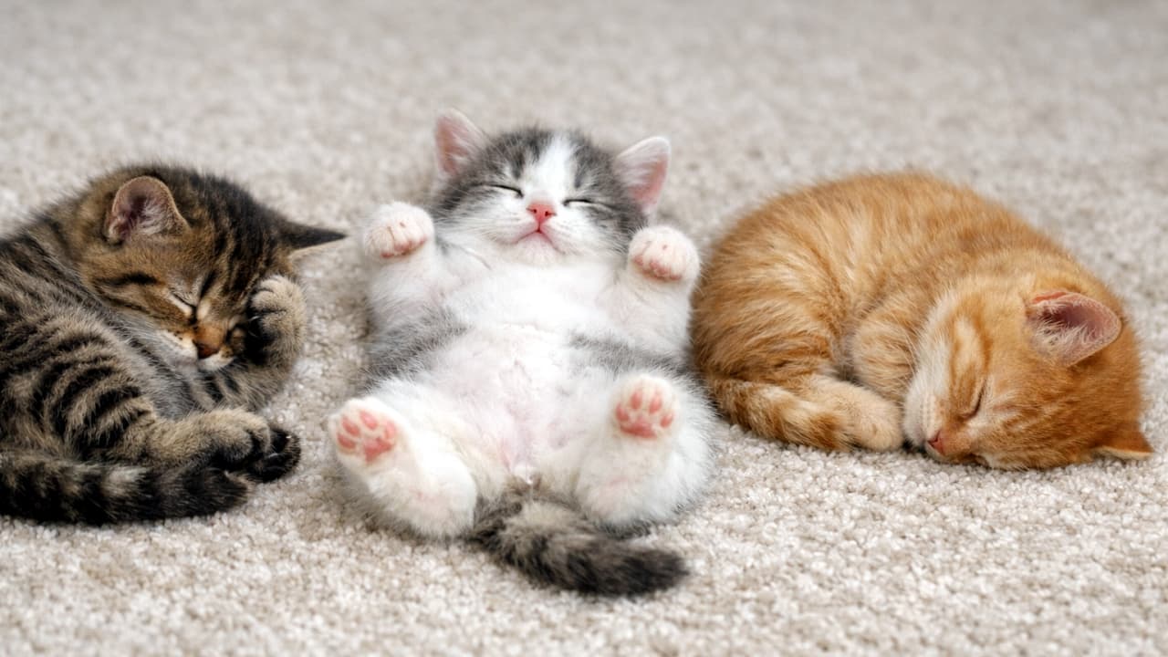 「ころん、すやすや、ぎゅっ♡ 3匹の子猫の夢見タイム🐱✨」Three sleeping kittens on a soft carpet, one covering its face with a paw, one lying on its back showing its belly, and one resting on its side with its face pressed into the carpet やわらかいカーペットの上で眠る3匹の子猫。左は前足で顔を隠し、中央はお腹を見せて仰向け、右は顔をカーペットに押しつけて横向きに寝ている