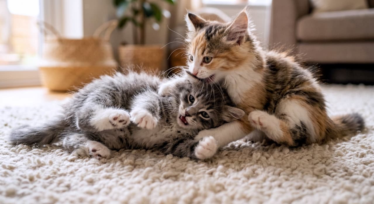 「元気すぎてピントが追いつかない！？🐈💨 毎日がお祭り騒ぎな仲良しコンビです💖 #子猫のいる暮らし」Ultra-realistic high-quality photograph of a calico and a gray tabby kitten wrestling energetically on a carpet in a sunlit living room. Features a soft-focus background with plants and furniture, capturing a charming everyday moment. 明るい光が差し込むリビングで、三毛猫とグレーのトラ猫の子猫がカーペットの上で元気に取っ組み合いをしているシーン。背景には観葉植物やソファが柔らかくボケて写っており、日常の微笑ましい瞬間を捉えた超リアルな写真