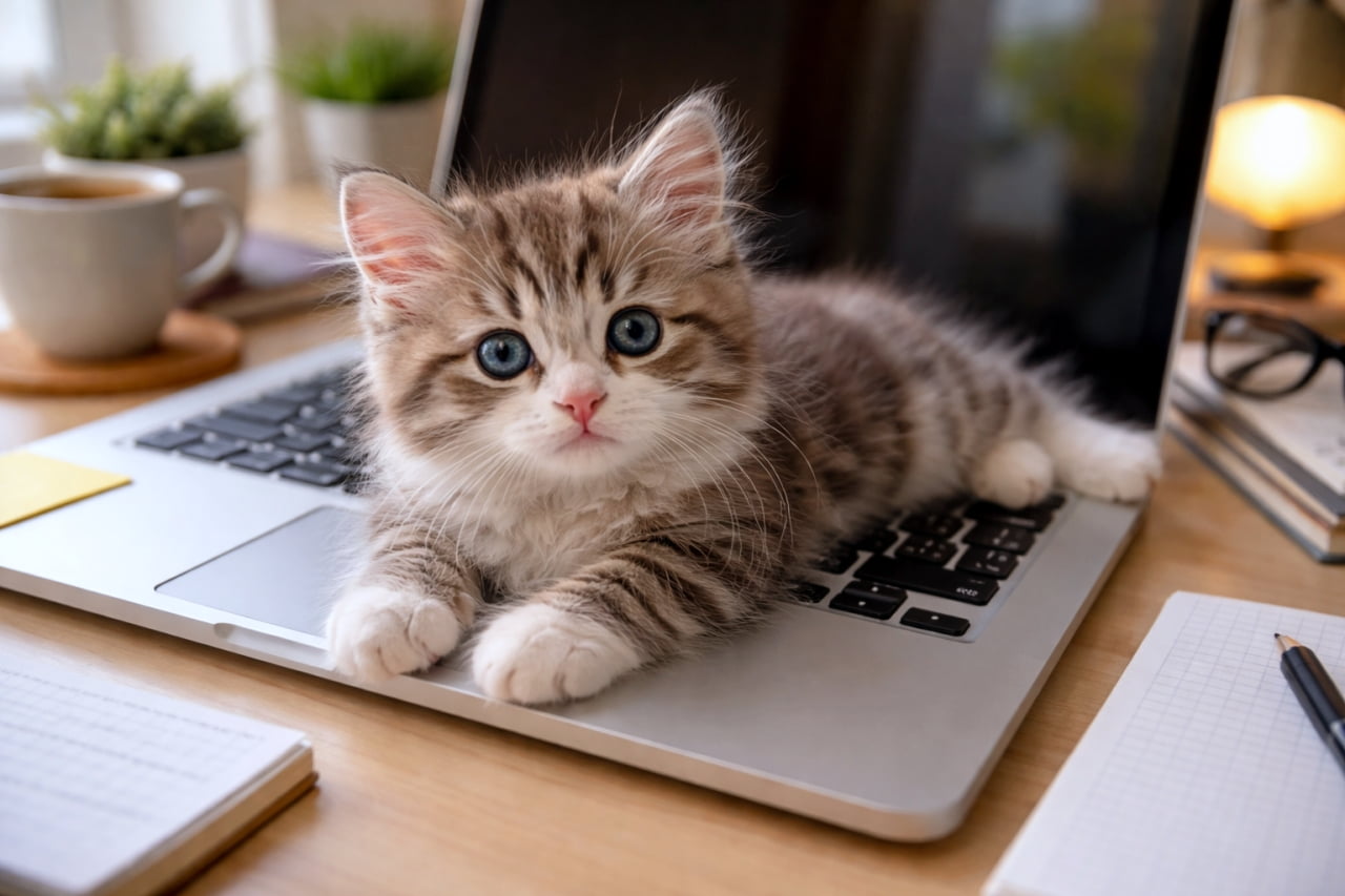 「仕事の邪魔をしちゃってごめんニャ？💻キーボードの上から好奇心いっぱいに見つめる子猫ちゃんに、仕事の手が止まっちゃいますね🥺💕」Ultra-realistic high-quality photograph of a cute kitten sprawled across a laptop keyboard in a home office, looking at the camera with curious eyes, with the keyboard keys clearly visible. ホームオフィスのデスクで、開いたノートパソコンのキーボードの上に茶トラの子猫が体を投げ出して寝転んでおり、好奇心旺盛な瞳でカメラを見つめている超高画質写真。キーボードのキーがはっきりと見える