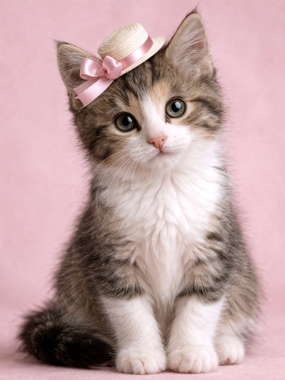 「小さな麦わら帽子がお似合い👒💕首をコテンと傾けたポーズにあざと可愛さを感じちゃいますね🥺✨」Ultra-realistic high-quality portrait photograph of an adorable tabby and white kitten wearing a tiny straw hat with a pink ribbon, tilting its head slightly against a soft pink background. 淡いピンク色の背景の前で、ピンクのリボンが付いた小さな麦わら帽子をちょこんと被り、首を少し傾けてカメラを見つめるキジ白の子猫の超高画質ポートレート写真