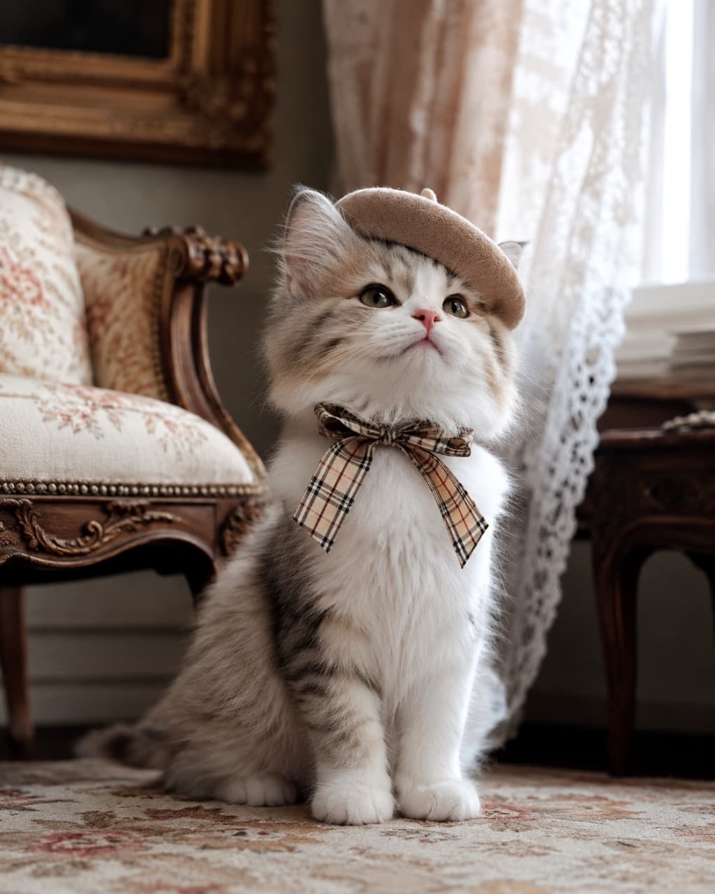 「ベレー帽でおめかしした子猫ちゃん🎩✨アンティークな雰囲気がまるでお城のお姫様みたいでうっとり…🏰💖」Ultra-realistic high-quality photograph of an elegant kitten wearing a beige beret and a plaid bow tie, sitting in a classic antique-style room with soft natural lighting and vintage furniture. アンティーク調のクラシックな室内で、ベレー帽とチェックのリボンを身につけて上品に座る子猫。柔らかな光が差し込む窓辺とヴィンテージ家具が織りなす、格調高い高品質な写真