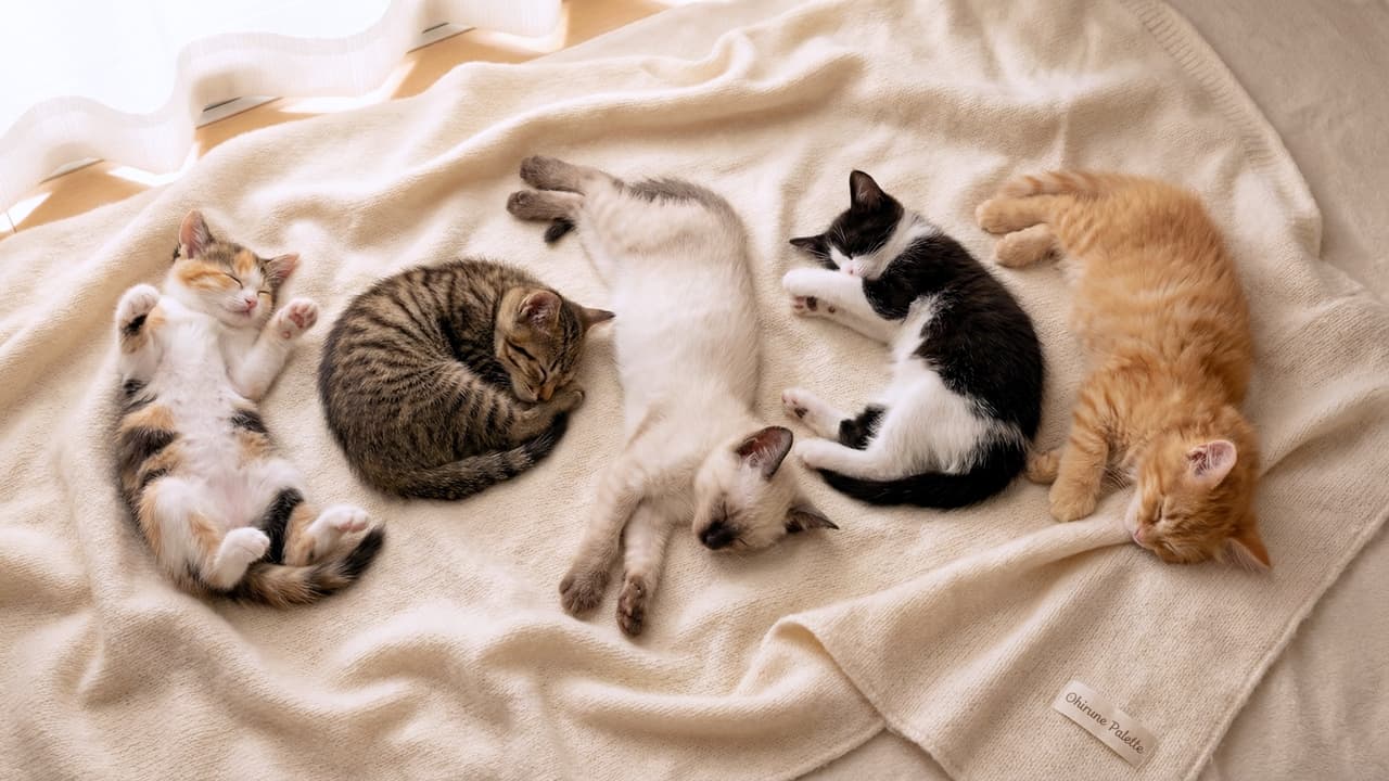 「5匹並んでお昼寝パレット🎨みんな違う寝相で、まるで芸術作品だニャ🐾可愛すぎて、ずっと眺めていたくなる～💖💤」A top-down view of five adorable, diverse kittens sleeping peacefully in a row on a soft, textured natural beige knit blanket. From left to right: a calico kitten sleeping on its back with paws up, a brown tabby kitten curled into a tight ball, a siamese kitten stretched out fully, a black and white tuxedo kitten curled up, and a ginger tabby kitten sleeping on its side. Natural sunlight streams in from the top left corner, illuminating the soft textures. A small fabric label with the words "Ohirune Palette" is sewn onto the bottom right. 柔らかく質感のあるナチュラルベージュのニット毛布の上で、5匹の愛らしく多様な子猫たちが一列に並んで平和に眠っている様子を真上から捉えた写真。左から右へ：お腹を上にして足を上げて眠る三毛猫の子猫、丸まって眠る茶色のキジトラ子猫、完全に体を伸ばして眠るシャム猫の子猫、丸まって眠る白黒のハチワレ子猫、そして横向きに寝る茶トラの子猫。自然光が左上の角から差し込み、柔らかな質感を照らしている。右下には「Ohirune Palette」という言葉が入った小さな布ラベルが縫い付けられている