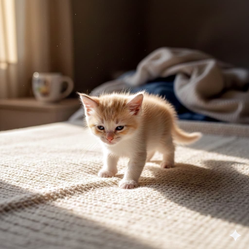 A fluffy orange and white kitten stands alert on a textured beige blanket, bathed in warm morning sunlight. Its posture is upright and curious, surrounded by soft fabrics and a peaceful home interior, evoking a gentle sense of awakening. ふわふわのオレンジと白の子猫が、暖かな朝の光に包まれながら、ベージュの毛布の上に立っています。姿勢はしっかりとしていて好奇心に満ち、柔らかな布地と静かな室内に囲まれた、穏やかな目覚めの瞬間です
