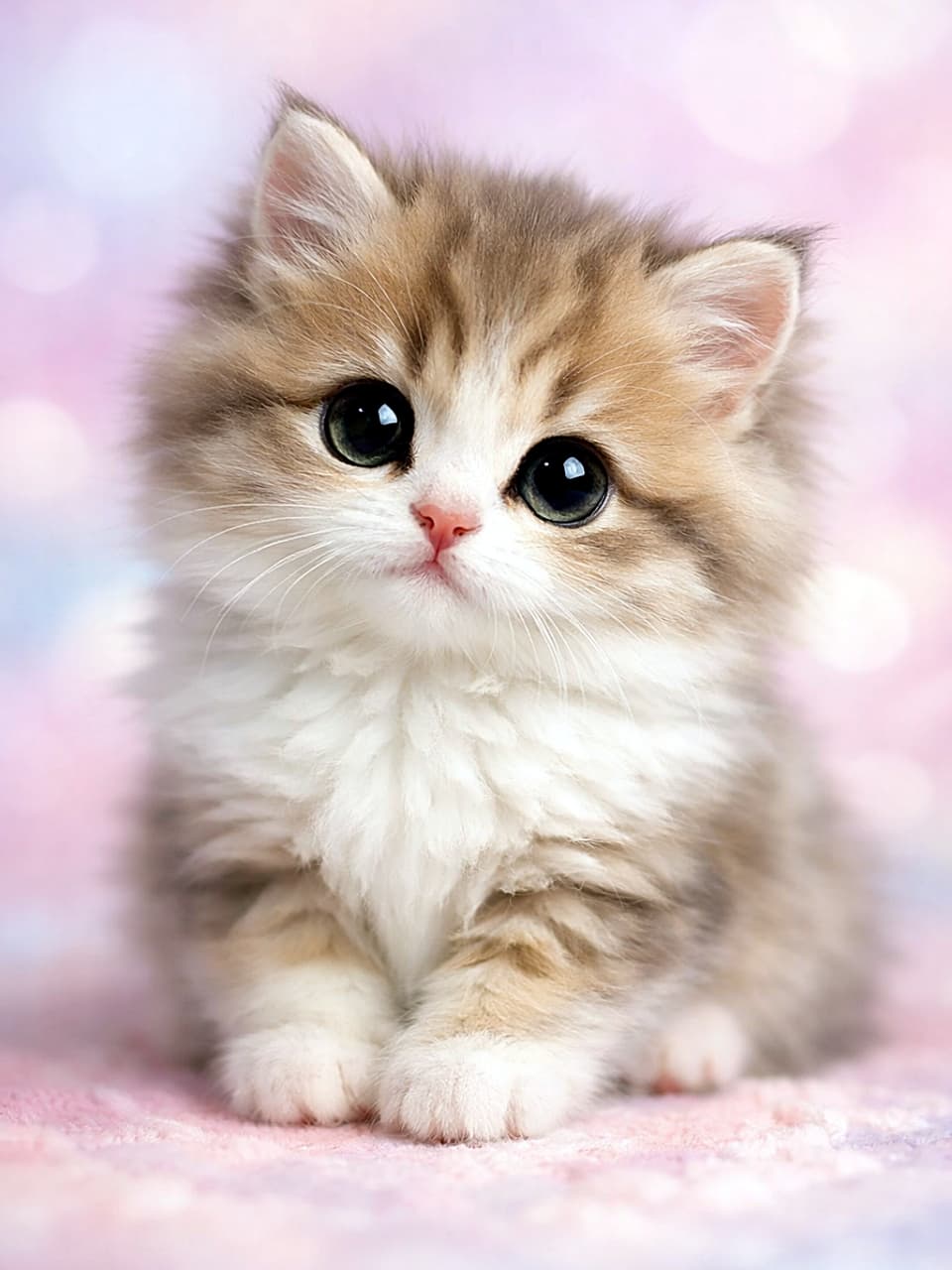 「この目で見つめられたら反則級。ふわふわ子猫の、とろけるパステル時間」A fluffy kitten with big, sparkling eyes looking straight at the camera against a soft pastel background. パステルカラーの背景の前で、大きくきらきらした瞳でこちらを見つめるふわふわの子猫