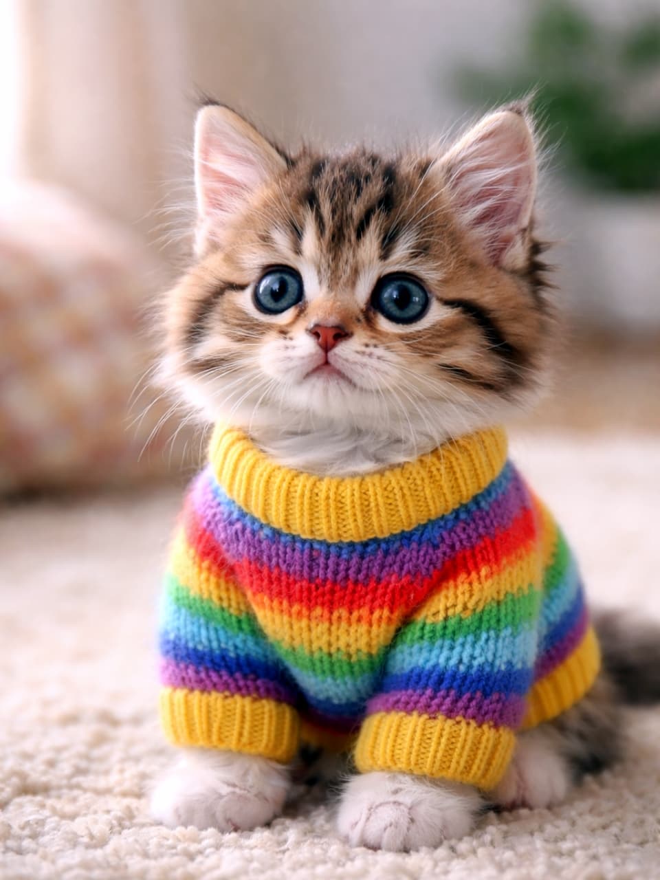 「レインボーカラーのセーターで元気いっぱい🌈✨まん丸なお顔とカラフルな服の組み合わせがポップで最高です😆🐾」Ultra-realistic high-quality photograph of a fluffy kitten wearing a bright rainbow-striped knit sweater, sitting on a fluffy white rug and looking up with large eyes. ふわふわの白いラグの上で、鮮やかな虹色（レインボーカラー）のボーダー柄ニットセーターを着て、丸い瞳で上を見上げている長毛の子猫の超高画質写真