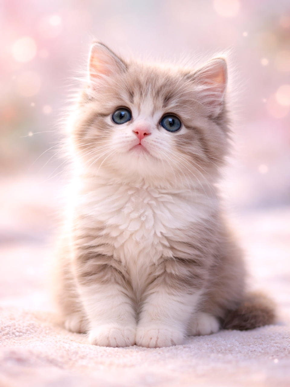 「ここは夢の国？🦄✨ キラキラ光る背景と、ふわっふわの妖精みたいな子猫ちゃんにうっとりしちゃいます🥺💖」Ultra-realistic high-quality photograph of a fluffy, light-colored kitten sitting and looking slightly upwards, set against a magical background with pink and gold bokeh lights. ピンクやゴールドの美しい玉ボケを背景に、柔らかな布の上でお座りをして少し上を見上げる、ふわふわとした淡い毛色の子猫。幻想的で柔らかな光に包まれている