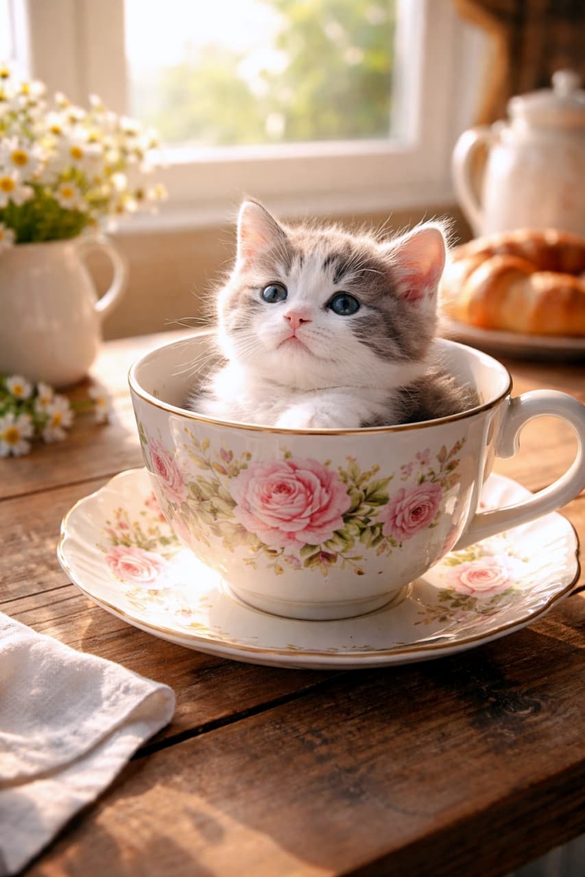 「おはようニャ☀️ 焼きたてクロワッサンと一緒に、とびきり可愛い朝のコーヒーはいかが？☕️🥐」Ultra-realistic high-quality photograph of a grey and white kitten sitting inside a floral teacup on a wooden table, with warm morning light, croissants, and small white flowers in the background. 朝の柔らかな光が差し込む木のテーブルで、花柄の大きなティーカップにすっぽり入ったサバ白（グレーと白）の子猫。少し上を見上げる表情が愛らしい。背景にはクロワッサンと白い小花が見える