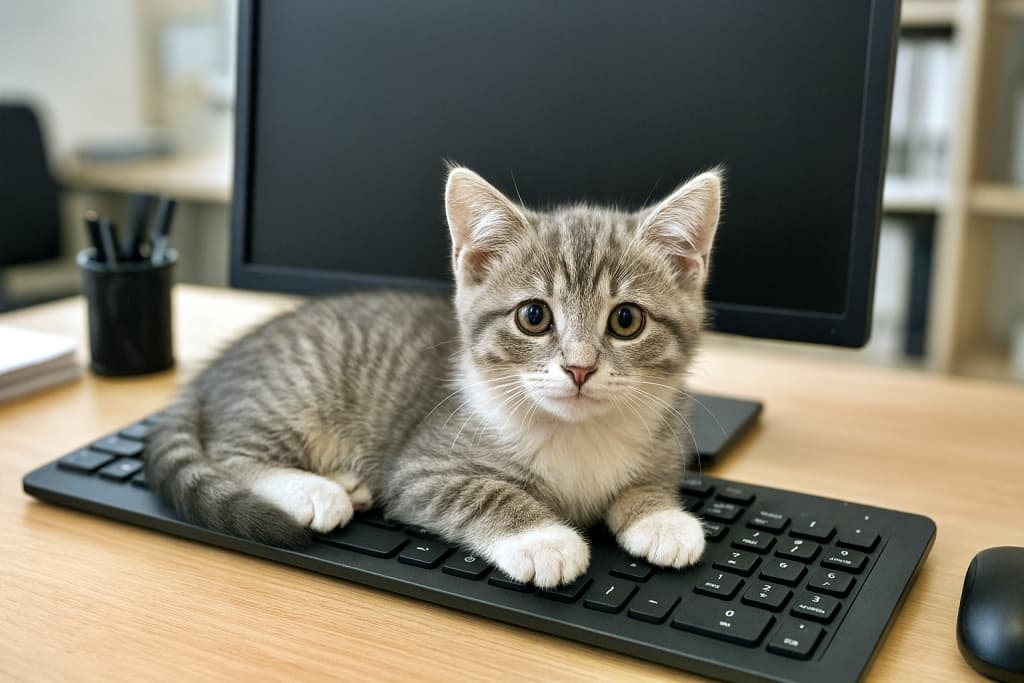 A photorealistic image of a gray tabby kitten lying on a black computer keyboard in a softly lit office. The kitten gazes innocently at the viewer, blocking the monitor with its relaxed pose. 柔らかな光に包まれたオフィスで、黒いキーボードの上に寝そべる灰色のトラ柄の子猫。無邪気な表情でこちらを見つめ、モニターをふさぐようにくつろいでいる
